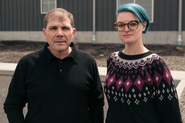 Marco Pedone, the cofounder of Phyto-Farma Labs, and Alicia Caruso-Thomas, the chemistry lab supervisor, stand outside the facility, which sits on the grounds of a former prison in Warwick about an hour outside New York City. The lab is scaling up in preparation for the state’s recreational cannabis market to open up, May 3rd, 2022.